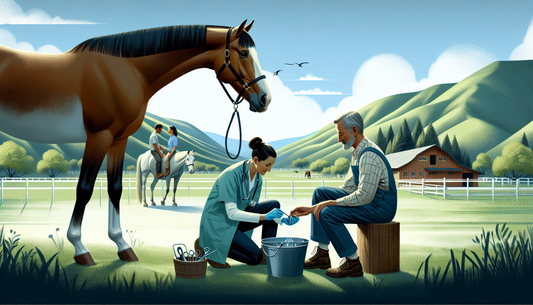 A scene depicting a Hispanic female veterinary doctor tenderly attending to retired stallion's hoof at a serene horse ranch located in Livermore. The surrounding environment includes green pastures an