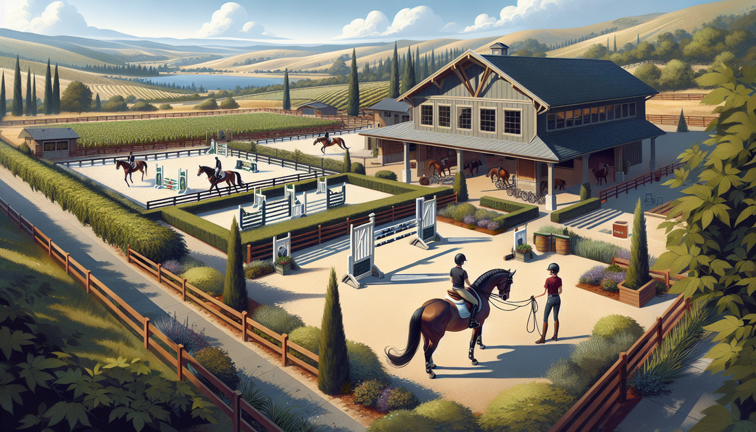 Visualize a top-tier hunter-jumper training facility located in Livermore, CA. The scene includes expansive outdoor spaces with multiple horse paddocks filled with lush grass. There are well-maintaine