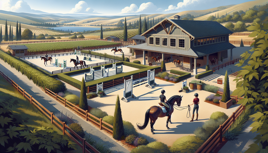 Visualize a top-tier hunter-jumper training facility located in Livermore, CA. The scene includes expansive outdoor spaces with multiple horse paddocks filled with lush grass. There are well-maintaine