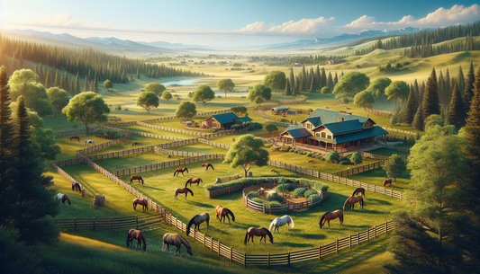 A serene, picturesque view of Willow and Wolf Ranch, designed to be a tranquil retirement haven for horses. The ranch unfolds under a clear blue sky, nestled in an expansive valley. Neat wooden fences
