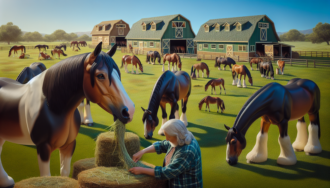 Peaceful and tranquil scene inside Livermore's horse retirement community. In the foreground, a few horses with shiny coats and calming eyes are casually grazing in the green, lush paddocks. Variety o