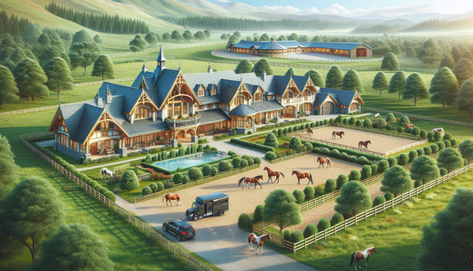 Depict a high-end equestrian boarding facility located in a region similar to the Bay Area, surrounded by lush landscapes. This premier stables should include top-tier amenities such as clean and spac