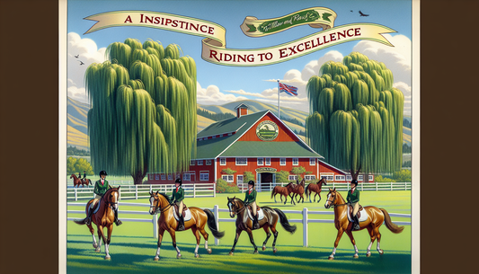An illustrative insight into 'Willow and Wolf Ranch's' success journey. The scene unfolds on a vivid green ranch, dotted with willow trees swaying gently in the wind. The main barn house, painted in a