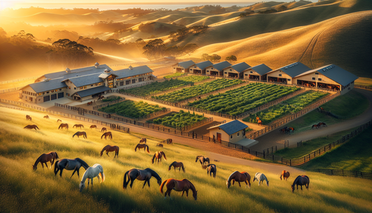 An image showcasing a premier senior horse boarding facility located in the Bay Area. The facility is nestled amid rolling hills, with numerous spacious and well-maintained stables. There are a variet