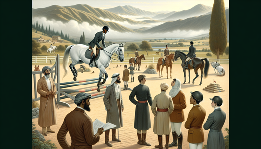 An illustrative image showing a picturesque scene of an equestrian training program in the Bay Area. In the foreground, a Hispanic male trainer is guiding a white horse over a jump, while a Caucasian