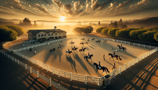 A panoramic view of one of the premier hunter-jumper equestrian facilities in the town of Livermore. The facilities include a large open-air arena with freshly raked sand, surrounded by white picket f