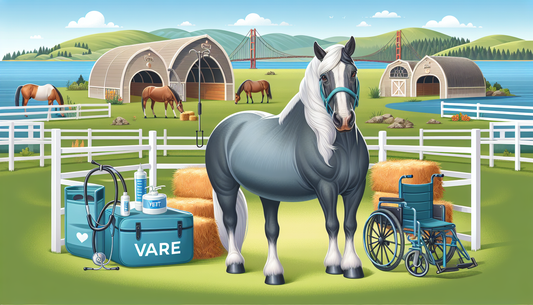An illustration focused on senior horse wellness: it features an elderly equine in the foreground, well-groomed and looking healthy, standing in a pasture lush with green grass under a clear blue sky.
