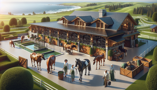 A high-end retirement facility for horses located in a coastal area, reflecting affluence and lavish comforts. The scene depicts well-maintained stable blocks with polished, rich pine wood and wrought