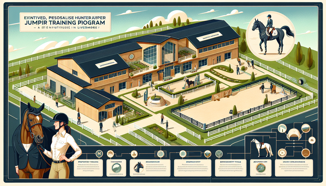 An illustration detailing an elite, personalized Hunter Jumper training program based in Livermore. Depict an interactive and detailed blueprint of a top-notch equestrian facility with large, modern s