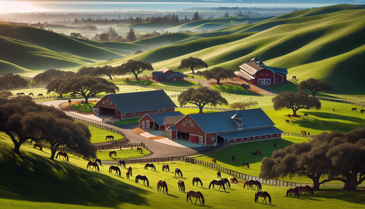 A picturesque scene capturing several top horse retirement farms in Northern California. The view includes sprawling hills of green dotted with mature oak trees. Well-kept barns, painted in traditiona