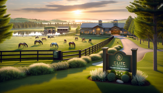An elegant rendering of a high-end equine facility nestled in the scenic Bay Area. The image captures lush green pastures where a variety of horses peacefully graze under the soft glow of the setting