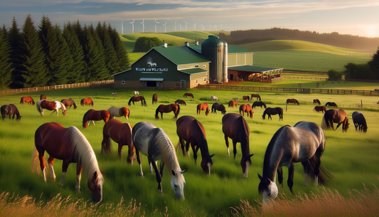 A pastoral landscape showing Willow and Wolf Ranch, a sanctuary that specializes in comprehensive care for elderly horses. Several aging horses are grazing peacefully on lush-green pastures under the