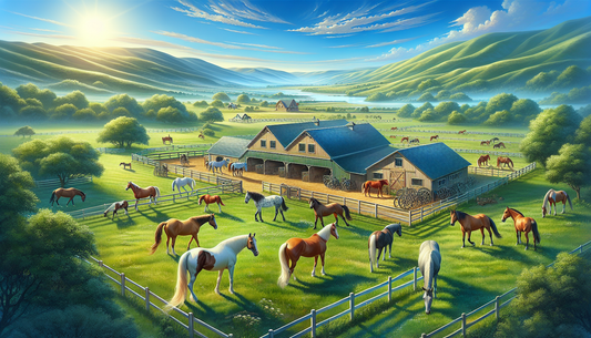 A serene image of Willow and Wolf Ranch, where retired horses find their forever homes. You can see well-maintained pastures under a clear blue sky, offering abundant room for horses to graze and roam