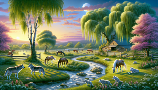 Scene of a tranquil retirement sanctuary by the name of 'Willow and Wolf' for elderly horses. The area is beautifully landscaped with willow trees gently swaying in the wind, providing ample shade to