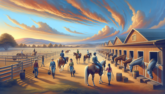 Imagine a scene of private horse riding lessons at a premium equestrian facility located in a place that receives a Mediterranean climate. See men and women of various ethnicities learning to ride hor
