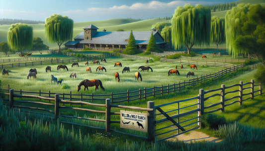 An expansive horse ranch nestled in the lush green Bay Area. The sign at the entrance reads 'Willow and Wolf Ranch: Providing Premier Care for Retired Horses'. Sturdy fences enclose vast pastures wher