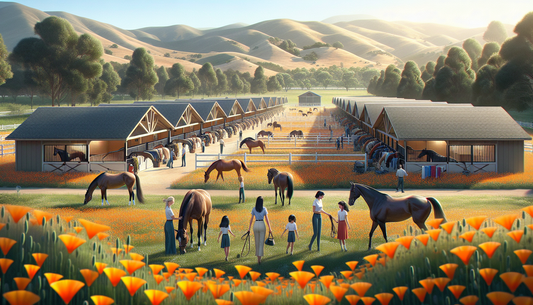 Visualize a premier equestrian haven in the Bay Area, showcasing an air of luxury and high-end care. Imagine a vast, well-maintained pasture under the mild Californian sun. The landscape is lush, with