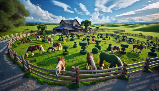 An enchanting scene of Willow and Wolf Ranch, especially designed for senior horses to enjoy their retirement. The pasture is lush, verdant, and spreads out like a green carpet under the vast blue sky