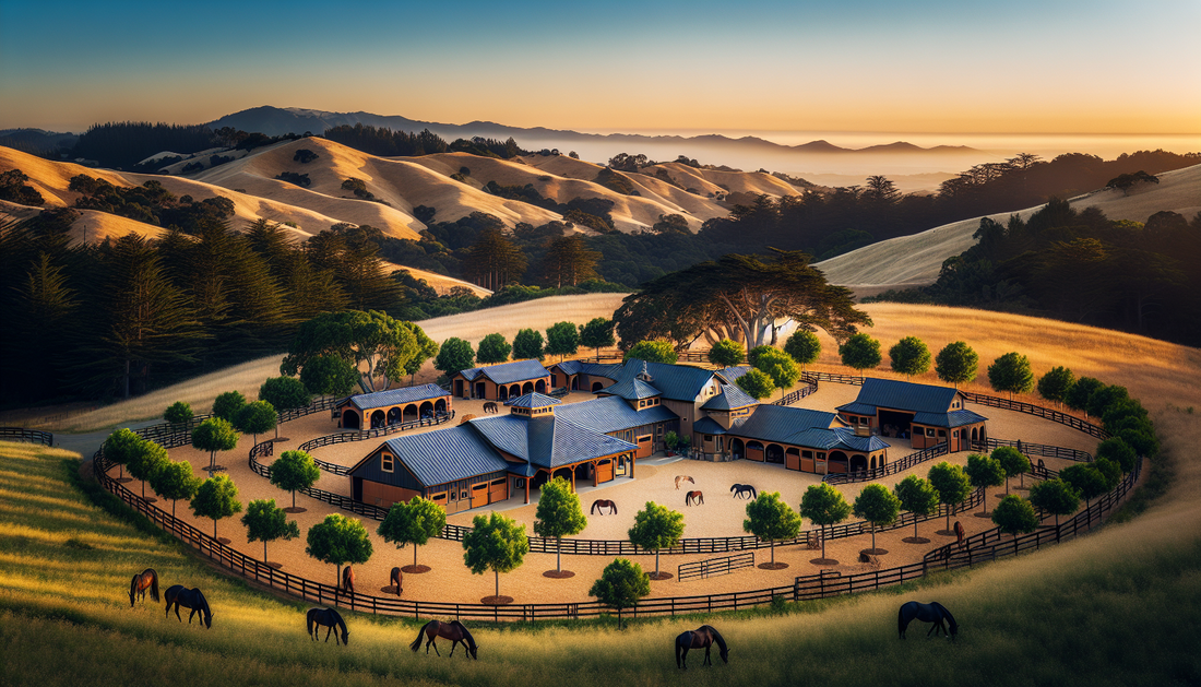 A picturesque view of a boutique ranch in the Bay Area, meticulously designed as a peaceful retirement sanctuary for performance horses. This serene haven is nestled amidst rolling hills, with its num