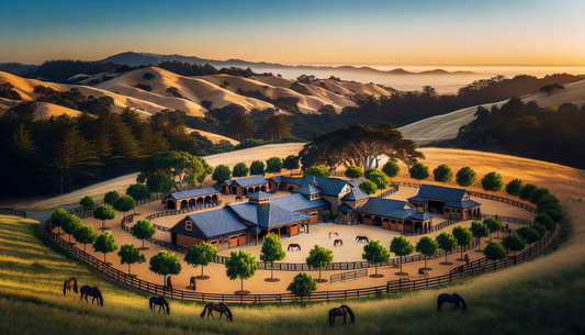 A picturesque view of a boutique ranch in the Bay Area, meticulously designed as a peaceful retirement sanctuary for performance horses. This serene haven is nestled amidst rolling hills, with its num