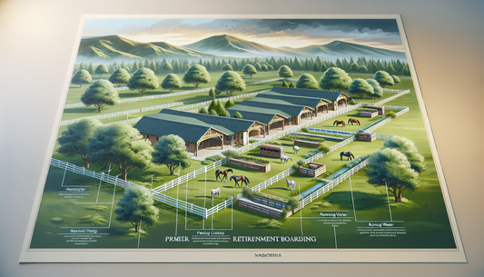 Visualize a large peaceful pasture located in the region of Northern California. The area should represent a premier retirements boarding for horses. It should be spacious, full of green lush grass an