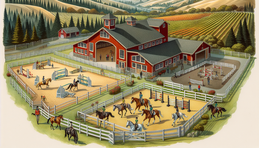 An illustration of a state-of-the-art equestrian training facility located in the scenic landscapes of Northern California. Display a large, red barn with a spacious indoor riding arena, featuring hig