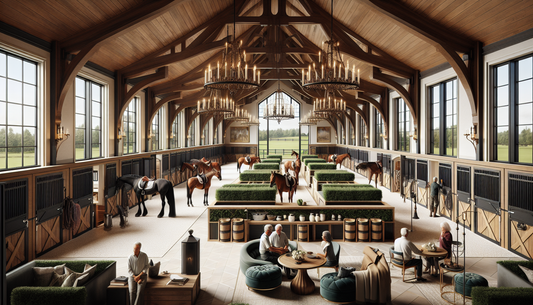 Imagine a scene of unbridled elegance inside an upscale equestrian retirement haven known as Willow and Wolf Ranch. The design is a striking balance between luxury and rustic charm, with high wooden b