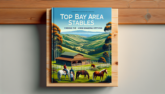 Create a detailed guide cover for a book titled 'Top Bay Area Stables: Finding the Best Horse Boarding Options'. The cover should display a breathtaking landscape of rolling hills with green pastures