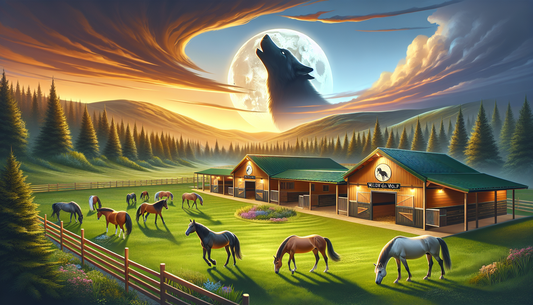 A serene scenery showcasing a special and thoughtful retirement solution for horses at Willow and Wolf. The image displays a spacious green pasture under the golden hues of setting sun, with well-groo