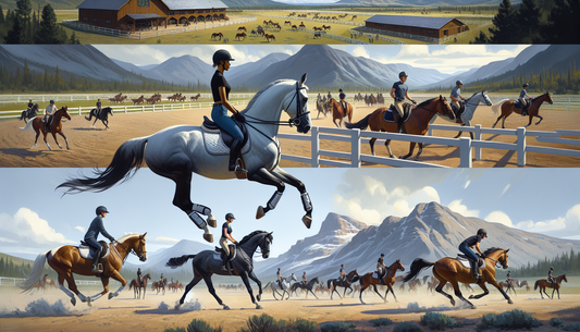 A busy day at Willow and Wolf Ranch with many individuals participating in a competitive horse riding training session. Visualize an expansive ranch, with a large, well-tended paddock and a long, dust