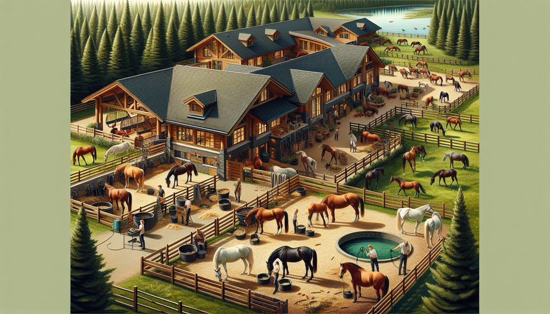 A comprehensive scene of holistic horse care at a ranch, which is named Willow and Wolf. The ranch is nestled in a picturesque setting, surrounded by lush green trees and a serene lake nearby. The hor