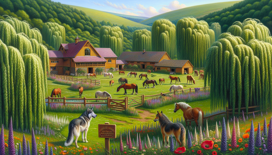A serene scene of a sanctuary named 'Willow and Wolf' nestled among rolling green hills filled with tall, wispy willow trees and a multitude of vibrant wildflowers. This haven is a bustling hub of ret