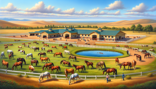 A picturesque view of Northern California's premier all-inclusive care facilities for retired horses. This scenic landscape includes expansive grassy plains under a vast blue sky, dotted with healthy,