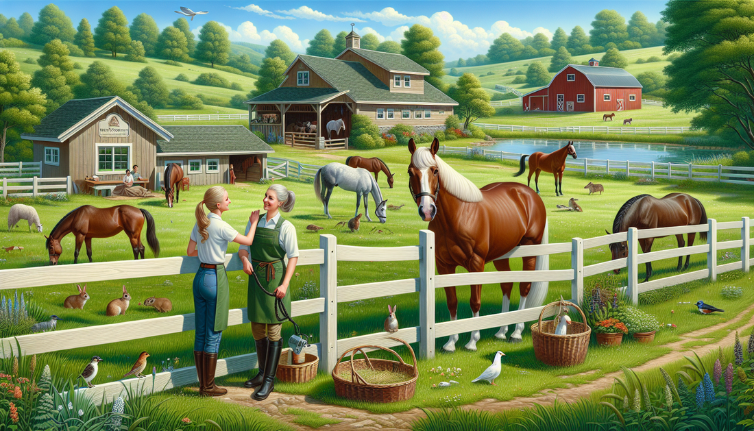 A picturesque scene of a senior horse enjoying its retirement at the Willow and Wolf Ranch. The horse is robust and healthy, reflecting the exceptional care it receives. The ranch has lush green pastu