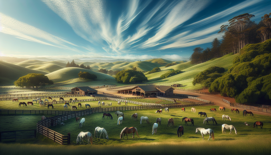 A serene and peaceful pasture in the Bay Area that caters to retired horses. The landscape is dotted with gently rolling hills and lush greenery, providing an ideal setting for these majestic creature
