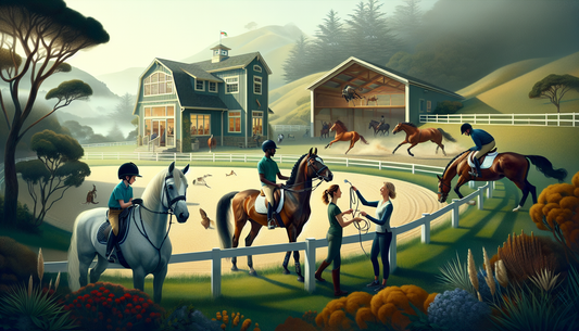 A training session at an equestrian center located in the rolling hills, prevalent in the Bay Area. The scene depicts a mixture of gender and descents: a Hispanic woman instructing a young Middle-East