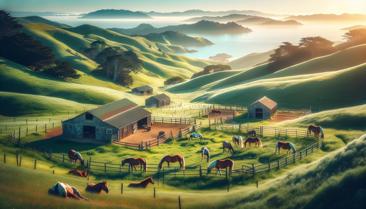 A serene and tranquil pasture located in the Bay Area. This idyllic scenery plays home to a group of retired horses, lazily grazing on the lush greenery beneath them. They're free to roam, the wind ge