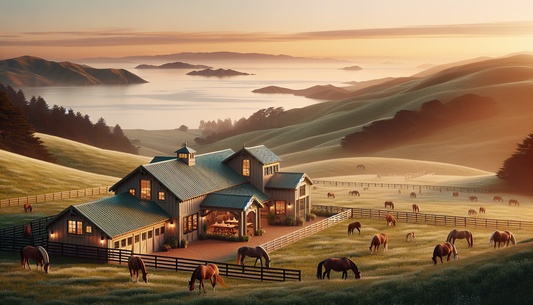 Imagine a serene and tranquil retirement haven for horses located in the Bay Area. There's a vast expanse of green pastures where you see a variety of healthy, elderly horses leisurely grazing. Nestle