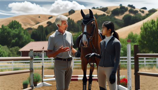 Visualize a scene in Livermore, CA where an experienced equestrian coach of Caucasian descent is giving instructions to a young South Asian female rider. They are in a well-maintained outdoor equestri