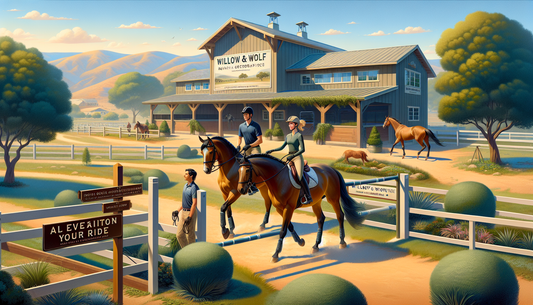 An exquisite view of Willow and Wolf Ranch in Livermore, showcasing high-quality equestrian services. Notice the beautifully maintained horse trails, with pristinely brushed horses calmly trotting. Th