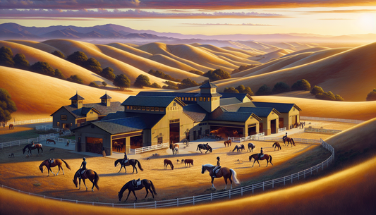 A scenic view of private training barns in Livermore, California, known for their equestrian excellence. There are a variety of barns, each uniquely designed, nestled among rolling golden hills. Horse