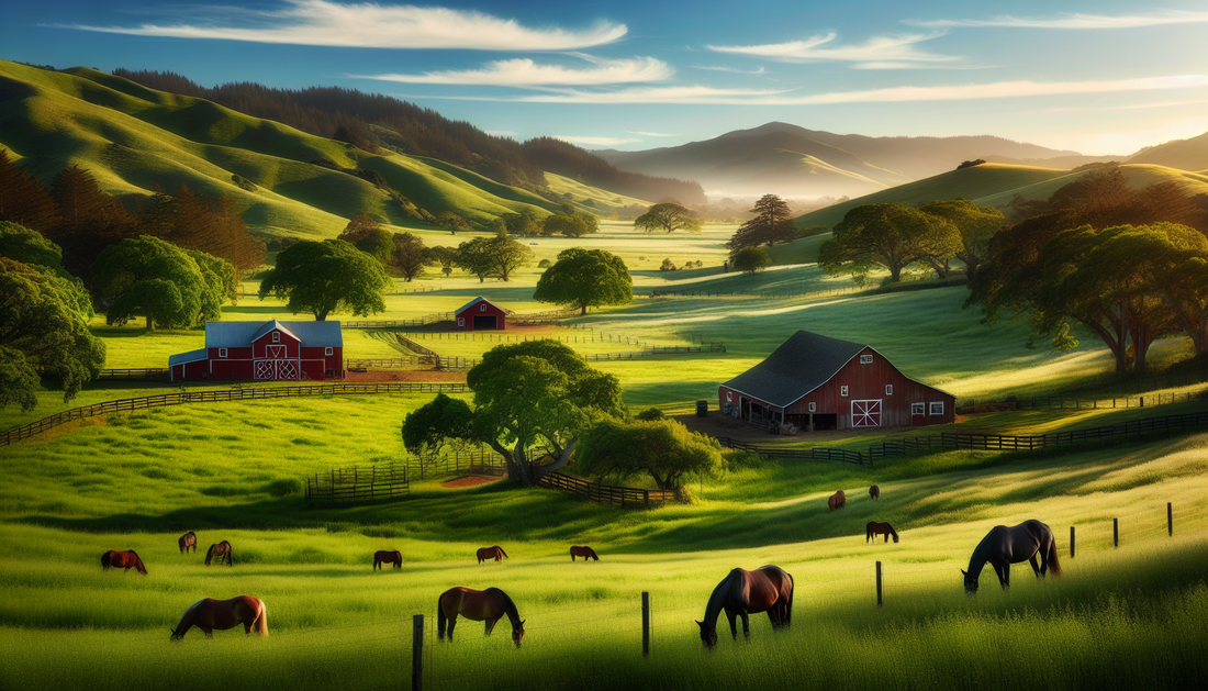 A peaceful and tranquil retirement pasture boarding scene in the Bay Area. Imagine a vast open meadow surrounded by hills under a clear blue sky. Lush green grass covers the ground, providing ample sp