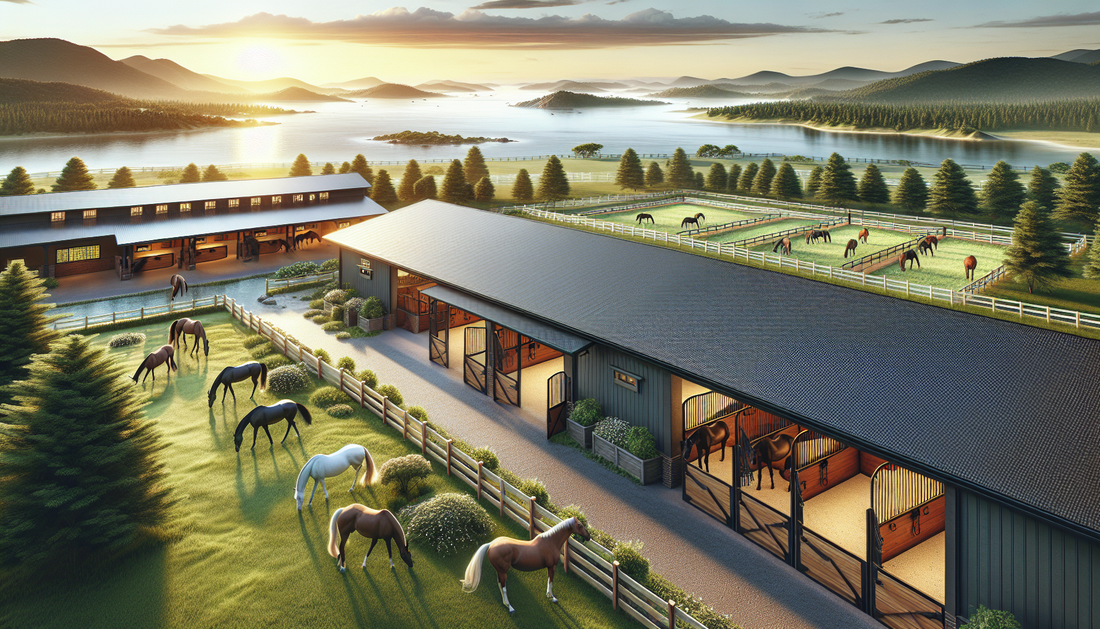 An image depicting a serene horse boarding and relaxation haven set in the picturesque Bay Area. The scene showcases a spacious, well-maintained stable with stalls occupied by a variety of horses of d