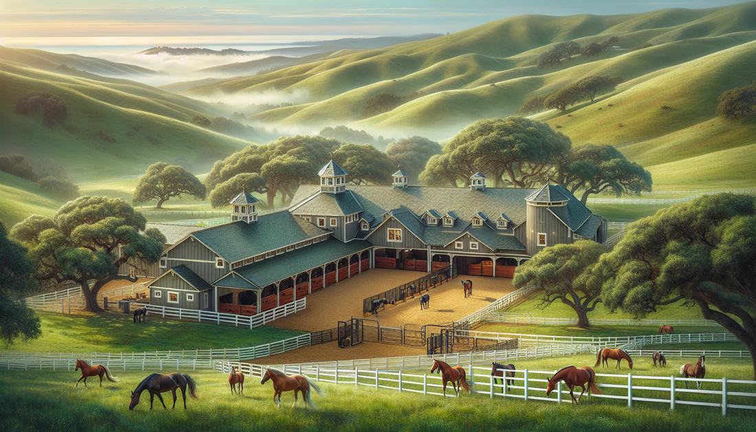 Imagine a day in a top-rated equine retirement boarding facility located in the Bay Area. The facility is nestled amidst rolling green hills and live oak trees. Stately, well-maintained barns with spa