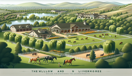 Showcase an expansive ranch in Livermore. The ranch, named Willow and Wolf, is renowned for its exclusive equestrian amenities. Present lush green paddocks, a network of well-maintained horse trails w