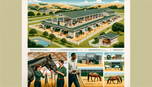 An illustrative guide displaying the aspects of premier horse boarding and care in the countryside. It shows a well-organized and clean barn with spacious stalls, including features such as hay feeder