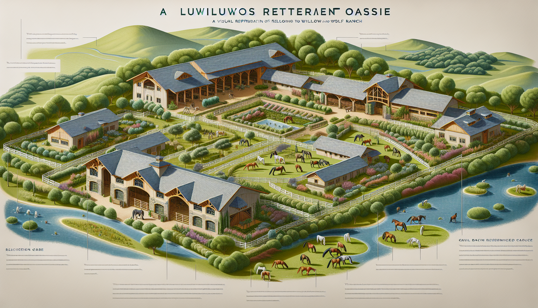 A visual representation of a luxurious retirement oasis belonging to Willow and Wolf Ranch specifically designed for horses. The ranch is filled with lush green pastures, spacious stables that offer m