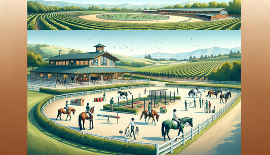 Illustrate a premier equestrian center in the charming city of Livermore. Visualize the enchantment of a state-of-the-art boarding facility surrounded by lush green pastures for horses to graze. Imagi