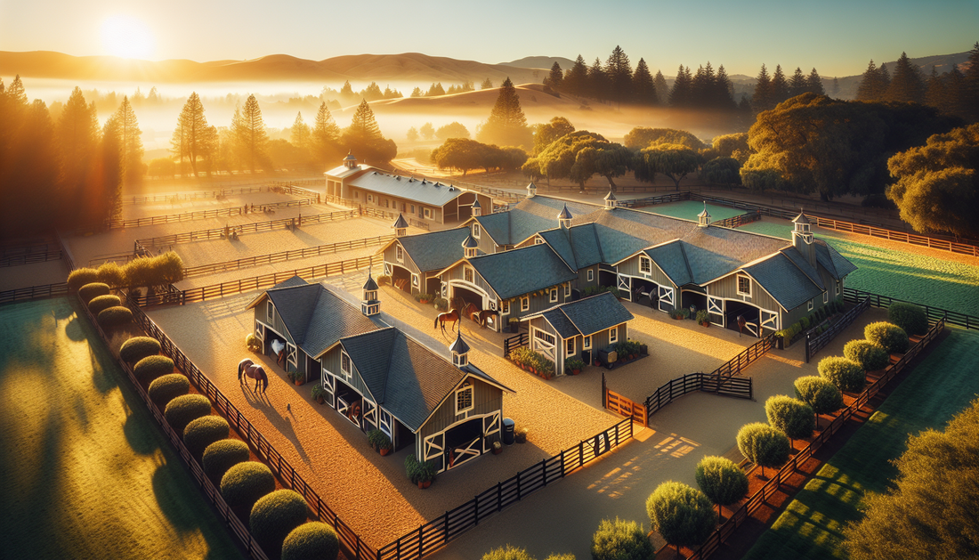 A well-structured Hunter/Jumper Barn in Livermore, California, bathed in golden sunlight. Unravel a scene showcasing a variety of high quality stables with doors ajar, revealing glimpses of the beauti