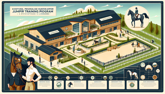 An illustration detailing an elite, personalized Hunter Jumper training program based in Livermore. Depict an interactive and detailed blueprint of a top-notch equestrian facility with large, modern s